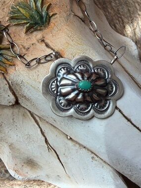 Sterling Silver Flower Concho Necklace with Kingman Turquoise Accent